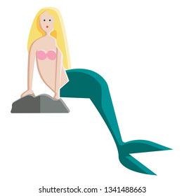A mermaid is resting on a stone with its long fish tail vector color drawing or illustration 