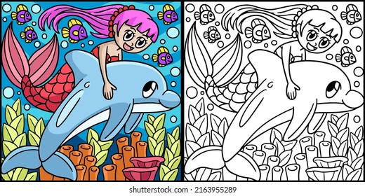 Mermaid Riding In A Dolphin Colored Illustration