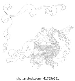 mermaid riding a dolphin. ink vector illustration