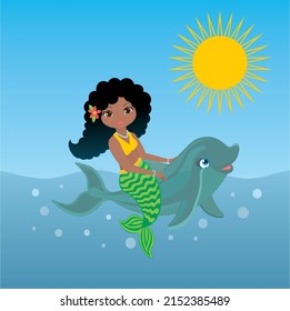 Mermaid riding on dolphin a sunny day at sea. Square composition. Vector illustration.
