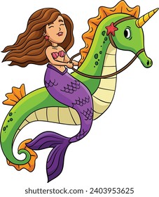 Mermaid Riding Sea Horse Cartoon Colored Clipart