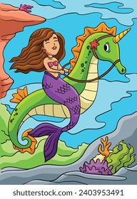 Mermaid Riding Sea Horse Colored Cartoon