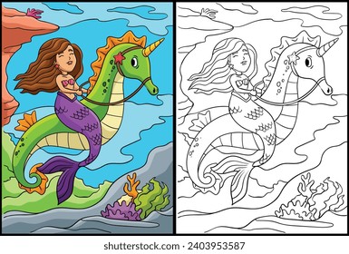 Mermaid Riding Sea Horse Coloring Illustration