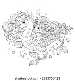 Mermaid riding a seahorse unicorn. Black and white linear drawing. The theme of the sea and magic. For children's coloring books design. prints, posters, postcards, stickers, puzzles, etc. Vector