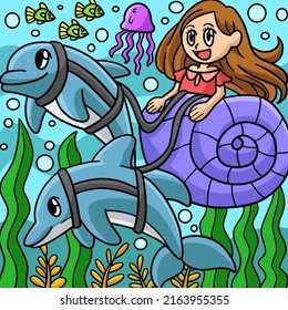 Mermaid Riding In A Seashell Colored Cartoon