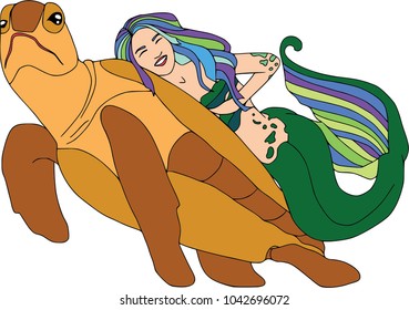 Mermaid riding a turtle, colored. Cartoon characters, isolated, white background, set