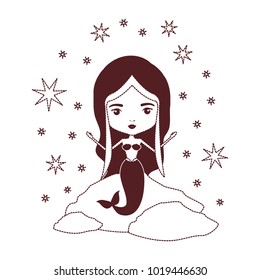 mermaid in a rock with stars in brown dotted silhouette