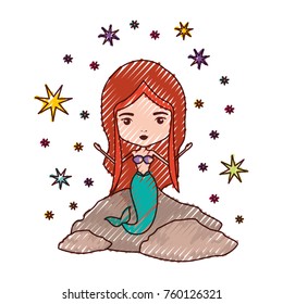 mermaid in a rock with stars in colored crayon silhouette