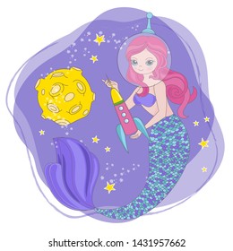 MERMAID ROCKET Space Cartoon Princess Vector Illustration Set