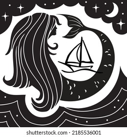 Mermaid and sailboat - black and white abstract vector drawing.
