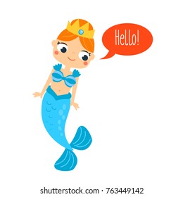 Mermaid saying Hello. Cute cartoon smiling mermaid character for scrapbook, cards, blogging, mobile games for children and kids
