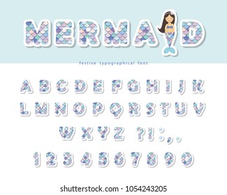 Mermaid scale font. For birthday cards, posters. Vector illustration