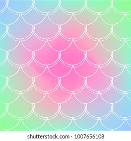 Mermaid scale on trendy gradient background. Square backdrop with mermaid scale ornament. Bright color transitions. Fish tail banner and invitation. Underwater and sea pattern. Rainbow colors.