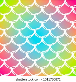 Mermaid scale on trendy gradient background. Square backdrop with mermaid scale ornament. Bright color transitions. Fish tail banner and invitation. Underwater and sea pattern. Rainbow colors.