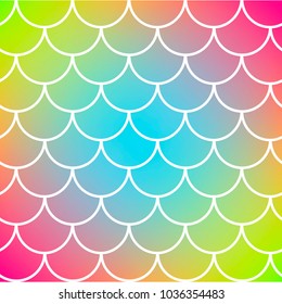 Mermaid scale on trendy gradient background. Square backdrop with mermaid scale ornament. Bright color transitions. Fish tail banner and invitation. Underwater and sea pattern. Rainbow colors.