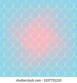 Mermaid scale on trendy gradient background. Square backdrop with mermaid scale ornament. Bright color transitions. Fish tail banner and invitation. Underwater and sea pattern. Blue, rose, pink colors