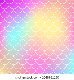 Mermaid scale on trendy gradient background. Square backdrop with mermaid scale ornament. Bright color transitions. Fish tail banner and invitation. Underwater and sea pattern. Rainbow colors.
