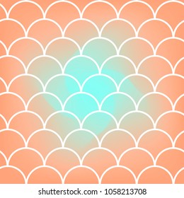 Mermaid scale on trendy gradient background. Square backdrop with mermaid scale ornament. Bright color transitions. Fish tail banner and invitation. Underwater and sea pattern. Warm peachy colors.