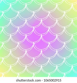 Mermaid scale on trendy gradient background. Square backdrop with mermaid scale ornament. Bright color transitions. Fish tail banner and invitation. Underwater and sea pattern. Rainbow colors.