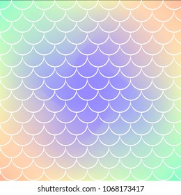 Mermaid scale on trendy gradient background. Square backdrop with mermaid scale ornament. Bright color transitions. Fish tail banner and invitation. Underwater and sea pattern. Rainbow colors.