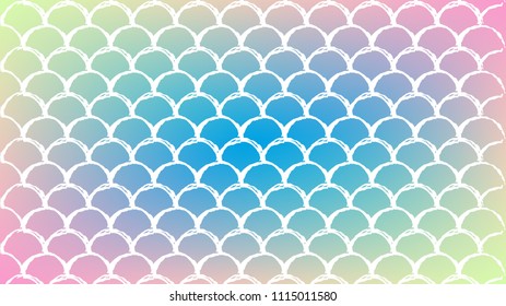 Mermaid scale on trendy gradient background. Horizontal backdrop with mermaid scale ornament. Bright color transitions. Fish tail banner and invitation. Underwater sea pattern. Blue, yellow, pink.