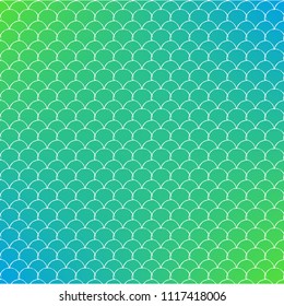 Mermaid scale on trendy gradient background. Square backdrop with mermaid scale ornament. Bright color transitions. Fish tail banner and invitation. Underwater and sea pattern. Green and blue colors.