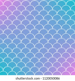 Mermaid scale on trendy gradient background. Square backdrop with mermaid scale ornament. Bright color transitions. Fish tail banner and invitation. Underwater sea pattern. Blue, purple, pink colors.