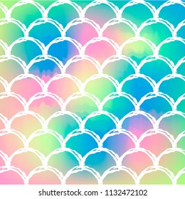 Mermaid scale on trendy gradient background. Square backdrop with mermaid scale ornament. Bright color transitions. Fish tail banner and invitation. Underwater and sea pattern. Rainbow colors.
