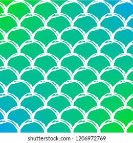 Mermaid scale on trendy gradient background. Square backdrop with mermaid scale ornament. Bright color transitions. Fish tail banner and invitation. Underwater and sea pattern. Green and blue colors.
