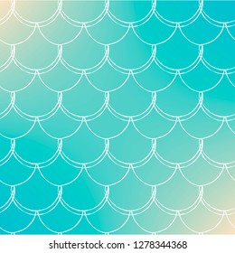 Mermaid scale on trendy gradient background. Square backdrop with mermaid scale ornament. Bright color transitions. Fish tail banner and invitation. Underwater and sea pattern. Turquoise, blue colors.
