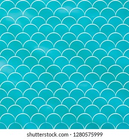 Mermaid scale on trendy gradient background. Square backdrop with mermaid scale ornament. Bright color transitions. Fish tail banner and invitation. Underwater and sea pattern. Turquoise, blue colors.