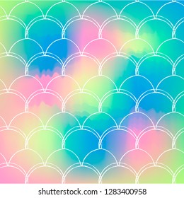 Mermaid scale on trendy gradient background. Square backdrop with mermaid scale ornament. Bright color transitions. Fish tail banner and invitation. Underwater and sea pattern. Rainbow colors.
