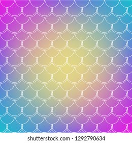 Mermaid scale on trendy gradient background. Square backdrop with mermaid scale ornament. Bright color transitions. Fish tail banner and invitation. Underwater and sea pattern. Rainbow colors.