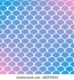 Mermaid scale on trendy gradient background. Square backdrop with mermaid scale ornament. Bright color transitions. Fish tail banner and invitation. Underwater sea pattern. Blue, purple, pink colors.