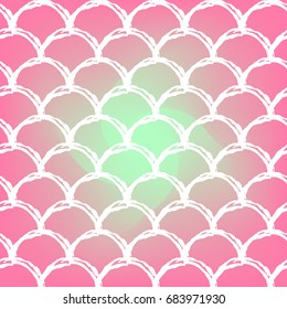 Mermaid scale on trendy gradient background. Square backdrop with mermaid scale ornament. Bright color transitions. Fish tail banner and invitation. Underwater and sea pattern. Warm peachy colors.