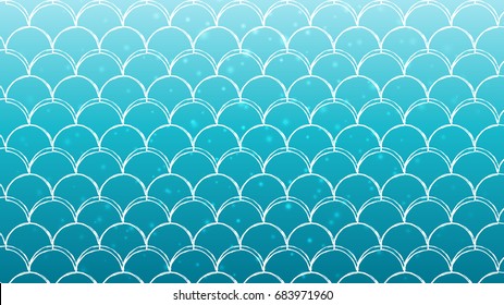 Escala de sirena en fondo de degradado moderno. Fondo horizontal con adorno de escala de sirena. Transiciones de color luminosas. Banner de cola de pescado e invitación. Patrón marino. Color turquesa, azul.