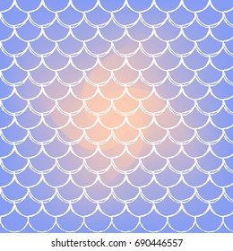 Mermaid scale on trendy gradient background. Square backdrop with mermaid scale ornament. Bright color transitions. Fish tail banner and invitation. Underwater and sea pattern. Warm peachy colors.