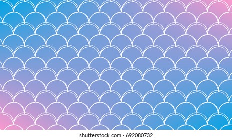Mermaid scale on trendy gradient background. Horizontal backdrop with mermaid scale ornament. Bright color transitions. Fish tail banner and invitation. Underwater sea pattern. Blue, rose, pink colors
