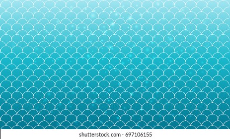 Mermaid scale on trendy gradient background. Horizontal backdrop with mermaid scale ornament. Bright color transitions. Fish tail banner and invitation. Underwater sea pattern. Turquoise, blue colors.