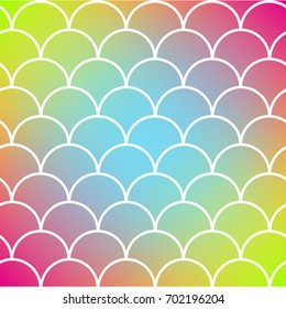 Mermaid scale on trendy gradient background. Square backdrop with mermaid scale ornament. Bright color transitions. Fish tail banner and invitation. Underwater and sea pattern. Rainbow colors.