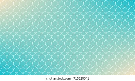 Mermaid scale on trendy gradient background. Horizontal backdrop with mermaid scale ornament. Bright color transitions. Fish tail banner and invitation. Underwater sea pattern. Turquoise, blue colors.
