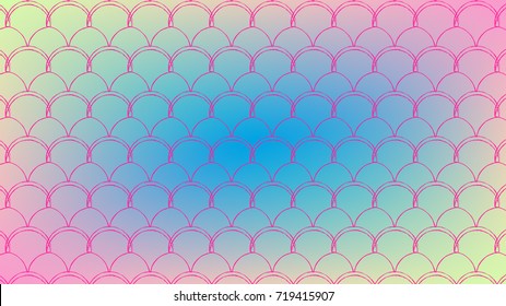 Mermaid scale on trendy gradient background. Horizontal backdrop with mermaid scale ornament. Bright color transitions. Fish tail banner and invitation. Underwater sea pattern. Blue, yellow, pink.