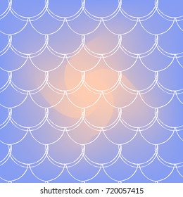 Mermaid scale on trendy gradient background. Square backdrop with mermaid scale ornament. Bright color transitions. Fish tail banner and invitation. Underwater sea pattern. Rainbow colors.
