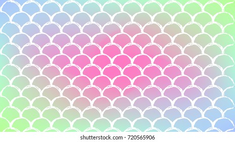 Mermaid scale on trendy gradient background. Horizontal backdrop with mermaid scale ornament. Bright color transitions. Fish tail banner and invitation. Underwater sea pattern. Rainbow colors.