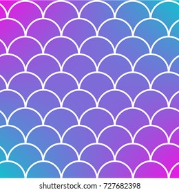 Mermaid scale on trendy gradient background. Square backdrop with mermaid scale ornament. Bright color transitions. Fish tail banner and invitation. Underwater sea pattern. Blue, purple, pink colors.