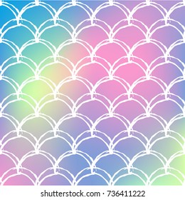 Mermaid scale on trendy gradient background. Square backdrop with mermaid scale ornament. Bright color transitions. Fish tail banner and invitation. Underwater and sea pattern. Rainbow colors.