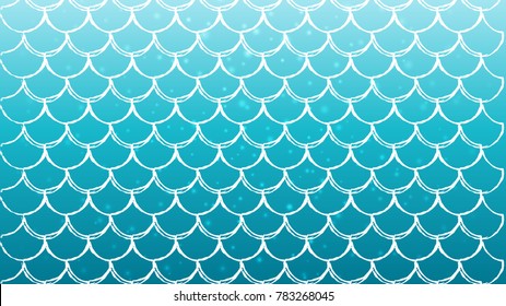 Mermaid scale on trendy gradient background. Horizontal backdrop with mermaid scale ornament. Bright color transitions. Fish tail banner and invitation. Underwater sea pattern. Turquoise, blue colors.