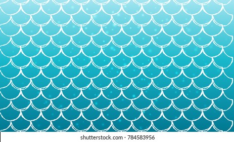 Mermaid scale on trendy gradient background. Horizontal backdrop with mermaid scale ornament. Bright color transitions. Fish tail banner and invitation. Underwater sea pattern. Turquoise, blue colors.