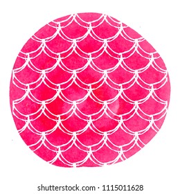Mermaid scale on watercolor background. Bright colors. Hand drawn round backdrop with mermaid scale ornament. Fish tail banner and invitation. Girl underwater and sea pattern. Pink vector.
