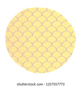 Mermaid scale on watercolor background. Bright colors. Hand drawn round backdrop with mermaid scale ornament. Fish tail banner and invitation. Girl underwater and sea pattern. Yellow vector.